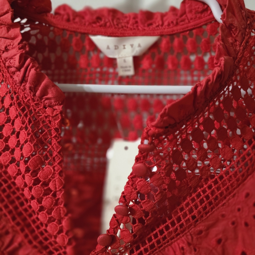 NWT Adiva Red Cotton Crochet & Eyelet Popover Blouse, Puff Sleeves, Boxy Fit. - Picture 10 of 11